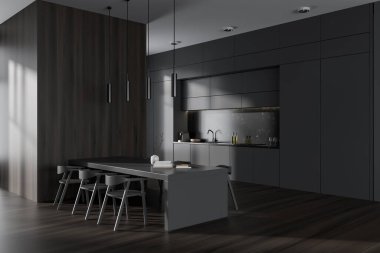 Koyu ahşap mutfak, yemek masası, sandalyeler, yan görüş. Mutfak eşyaları, şık dekorasyon, yemek köşesi ve gizli raf tasarımı. 3B görüntüleme