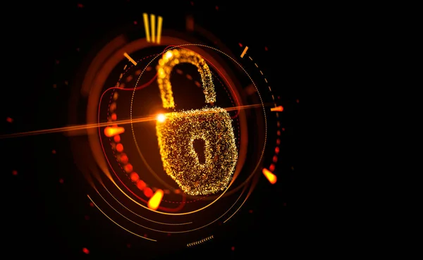 Gouden Cybersecurity Hologram Met Gloeiend Slot Kringen Wazig Concept Van — Stockfoto