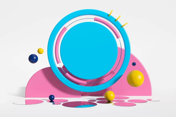 蓝色的圆形 有彩色的元素 镜子和粉红色的拱形白色背景 抽象设计的概念 模拟产品展示 3D渲染 — 图库照片