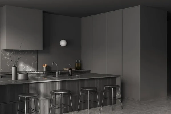Corner View Dark Kitchen Room Interior Island Barstools Grey Wall — Stock Photo, Image
