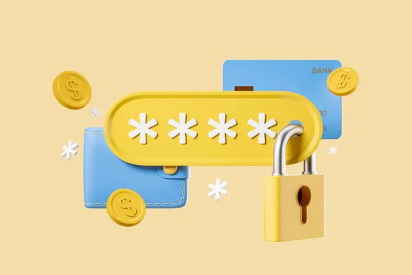 Blue wallet with credit card and coins. Closed lock with password on yellow background. Concept of finance and authentication. 3D rendering