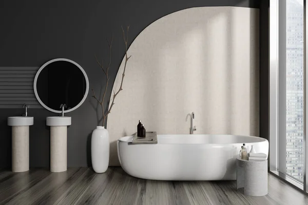 Acogedor Cuarto Baño Interior Con Doble Lavabo Bañera Suelo Madera — Foto de Stock