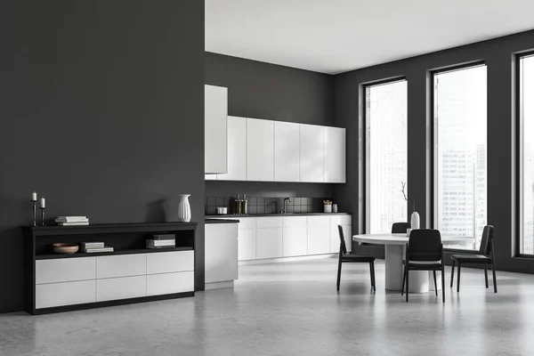 Interior Cozinha Escura Com Aparador Decoração Vista Lateral Mockup Parede — Fotografia de Stock