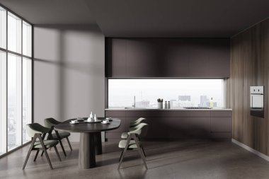 Karanlık ev mutfağı, yemek masası ve yumuşak sandalyeler, Paris 'te panoramik pencereli gizli kahverengi dolap. Yeni dairede şık yemek ve yemek alanları. 3B görüntüleme