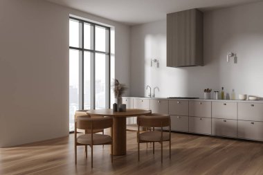 Yuvarlak yemek masası ve sandalyeleri olan modern ev mutfağı. Dolap rafları, dekorasyon ve mutfak gereçleri olan yan görüş yemek köşesi. Paris gökdelenlerinde panoramik pencere. 3B görüntüleme