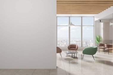 Beyaz duvarları, fayanslı zemini, veznedarları ve yuvarlak kahve masalarının yanında duran bej ve yeşil koltukları olan modern banka bekleme odasının içinde. Uzay duvarını kopyala. 3d oluşturma