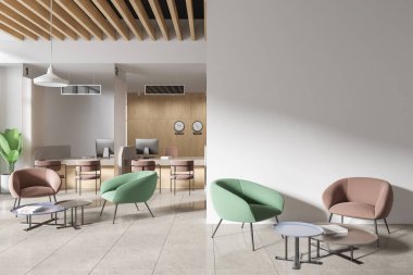 Beyaz ofis bankası, bekleme ve çalışma alanı, sandalyeler ve bilgisayar sıraları. Yumuşak başlı minimalist danışma odası. Boş duvar bölmesini düzenle. 3B görüntüleme