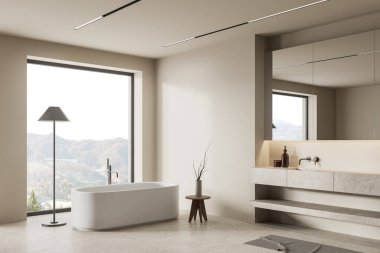 Banyo küveti, yan görüş lavabosu ve kırsal alanda panoramik penceresi olan bej renkli, rahat bir otel banyosu. Beton zeminde aksesuar ve ayak havlusuyla banyo köşesi. 3B görüntüleme