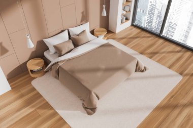 Evin yatak odası manzarası yatak odası ve dekorasyonlu raf, ahşap döşemeli halı. Komodiniyle rahat bir uyku köşesi ve gökdelenlerin panoramik penceresi. 3B görüntüleme