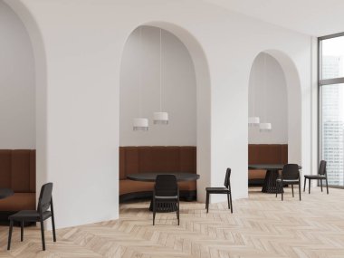 Beyaz kemerli duvarları, ahşap zemini, rahat kahverengi koltukları ve siyah sandalyeleri olan modern restoranın köşesinde. 3d oluşturma