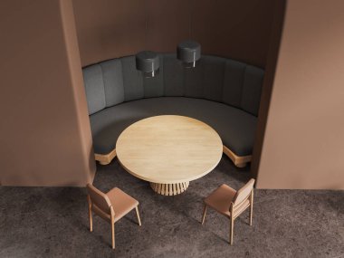 Kahverengi duvarları, beton zemini, rahat gri koltuğu ve yanında iki kahverengi sandalyesi olan şık restoran manzarası. 3d oluşturma