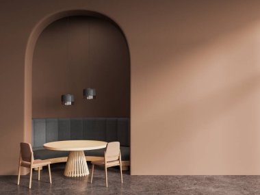 Sandalyeli modern kafe ve kanepeli yuvarlak masa, bej beton zemin. Samimi yemek ve minimalist mobilyalarla buluşma yeri. Boş kemer duvarı yap. 3B görüntüleme
