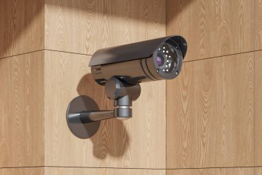 Ahşap duvarda güvenlik kamerası, güvenlik sistemi kontrolü için video ekipmanı. Gözetleme ve izleme kavramı. 3B resimleme