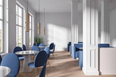 Klasik kafenin içinde sandalyeler, sıra sıra masa ve ahşap döşeme sütunları var. Kanepesi ve tropiklerde panoramik penceresi olan modern bir restoran restoranı. 3B görüntüleme
