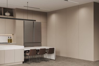 Modern mutfağın köşesinde bej duvarlar, beton zemin, büyük buzdolabı, fırında yapılmış bej dolaplar ve kahverengi sandalyeli rahat bir bar. 3d oluşturma