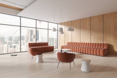 Modern ofis bekleme odasının köşesinde beyaz ve ahşap duvarlar, ahşap zemin, iki rahat kahverengi kanepe ve koltuklar ve beyaz kahve masaları. 3d oluşturma