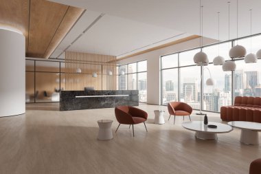 Beyaz iş yeri, resepsiyon masası, dinlenme alanı, yan görüş bekleme salonu, turuncu kanepe ve koltuklar. Kuala Lumpur gökdelenlerinin panoramik penceresi. 3B görüntüleme