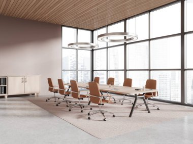 Modern konferans odasının içi koltuklar ve tahta kaplı, yan görünüş beton zemin. Büfe ve gökdelenlerde panoramik pencereli bej kaplı toplantı alanı. 3B görüntüleme