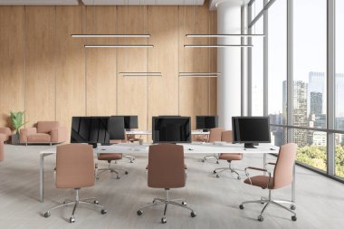 Çalışma odasının içinde sandalyeler ve ortak masada bilgisayar monitörü olan rahat bir yer. Kiremit beton zeminde koltuğu olan rahat bir yer. New York 'ta panoramik pencere. 3B görüntüleme