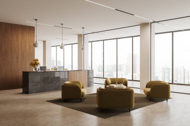 Bekleme köşesi, yumuşak koltuklar ve yan manzaralı şık bir iç mekan. Bilgisayarlarla ortak çalışma alanı. Kuala Lumpur gökdelenlerinin panoramik penceresi. 3B görüntüleme