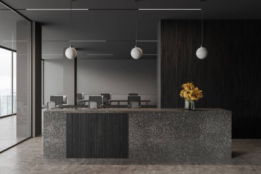 Resepsiyonlu karanlık işler masası, arka planda masa başında bilgisayar olan çalışma alanı. Gökdelenlerin panoramik penceresiyle aynı çalışma alanı. 3B görüntüleme