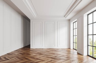 Bej renkli ev içi boş oturma odası, tropik bölgelerde panoramik pencere