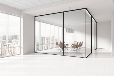 Minimalist iç mekan sandalyeler ve toplantı masası yan görüş duvarı bölmesi ve beyaz kiremit zemin. Kuala Lumpur gökdelenlerinin panoramik penceresi. 3B görüntüleme