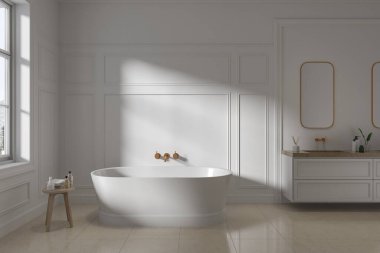 Geleneksel beyaz banyo küveti, aksesuarlı masa, çift lavabo ve bej beton zeminde yüzen kibir. Gökdelenlerin panoramik penceresi. 3B görüntüleme