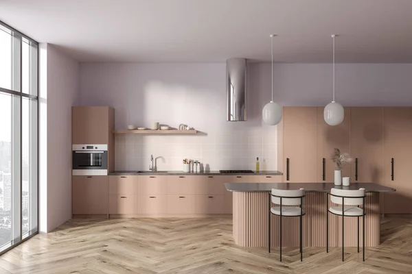 Interior Modern Kitchen Light Pink Walls Wooden Floor Beige Cupboards — Stock Photo, Image