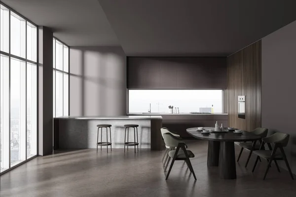 Stylish Dark Home Kitchen Interior Dinner Table Chairs Grey Concrete — Stock Photo, Image