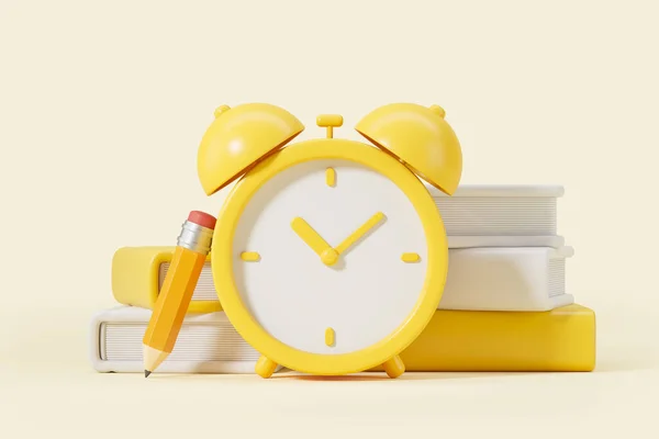 本のスタックと黄色の目覚まし時計は 光の黄色の背景の上に鉛筆が付いています 読書のコンセプトに戻る 3Dレンダリング — ストック写真