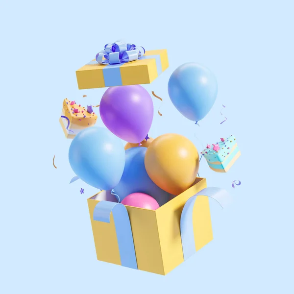 Open yellow gift box with colorful balloons and pieces of cake, blue background. Concept of birthday present, celebration and anniversary. 3D rendering illustration