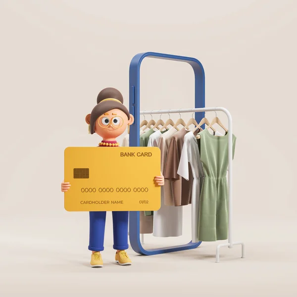Cartoon character woman holding a credit card, phone abstract display and rail with clothes on hangers in row, beige background. Concept of online shopping and sale. 3D rendering illustration