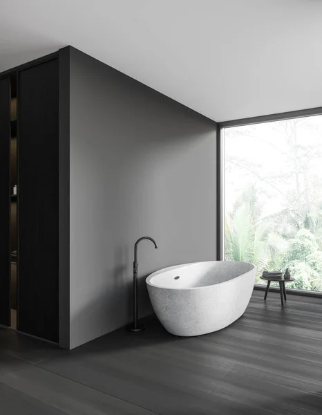Corner View Dark Home Bathroom Interior Tub Stool Accessories Panoramic — Stock Photo, Image