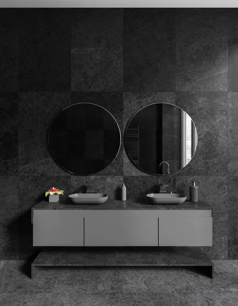 Interior Casa Banho Elegante Com Paredes Mármore Cinza Escuro Piso — Fotografia de Stock