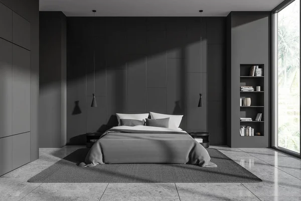 Interieur Eines Stilvollen Schlafzimmers Mit Dunkelgrauen Wänden Betonboden Bequemem King — Stockfoto