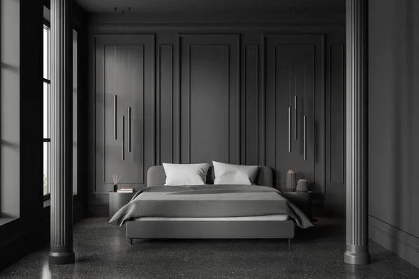 舒适舒适的卧室 风格典雅 有灰色墙壁 混凝土地板 柱子和舒适的国王尺寸床 配有灰色毛毯和两张圆形床头柜 3D渲染 — 图库照片