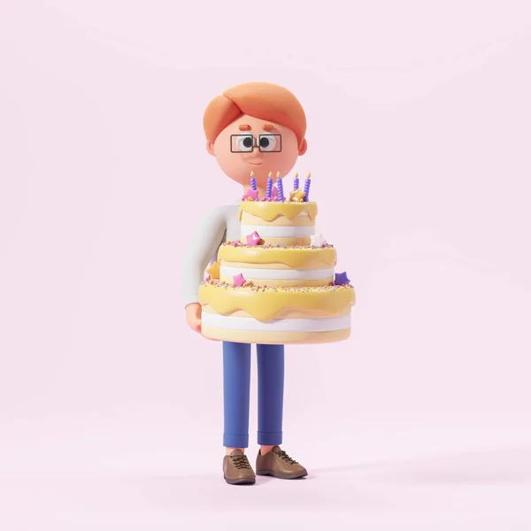 ピンクの背景にライトキャンドルがついた大きなバースデーケーキをグラスに赤い髪の幸せな漫画ビジネスマンの景色 誕生日のお祝いとパーティーのコンセプト 3Dレンダリング — ストック写真