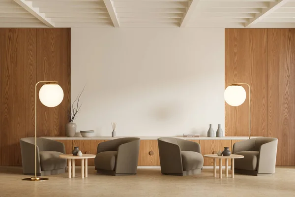 Beige Restaurant Interieur Mit Weichen Sesseln Und Tischen Reihe Gemütlicher — Stockfoto