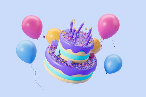 View Big Yellow Purple Birthday Cake Lit Candles Multicolored Balloons — Stock Photo, Image