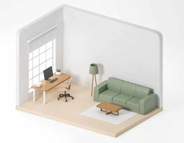 Isometric White Office Interior Work Desk Monitor Lounge Zone Sofa — Stock Photo, Image