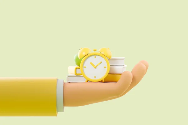Hand of cartoon man holding stacks of books and alarm clock over green background. Back to school, education and reading concept. 3d rendering