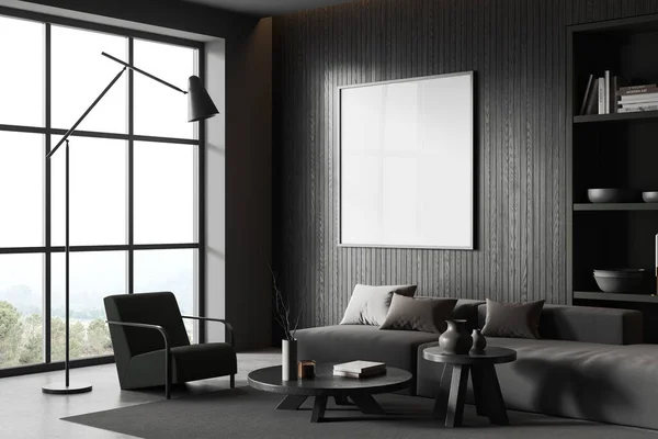 黑暗的居家客厅 有沙发 扶手椅和有架子的咖啡桌 放宽对乡村的角落和全景窗 模仿正方形帆布海报 3D渲染 — 图库照片