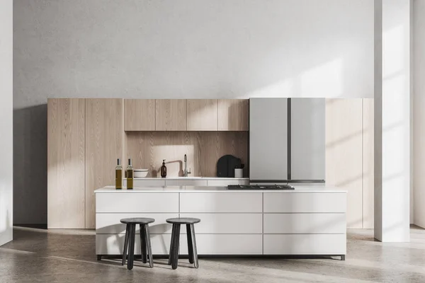 Interior Modern Loft Kitchen White Walls Concrete Floor Wooden Cupboards — Stock Photo, Image