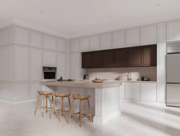 White home kitchen interior bar island and stool on concrete floor. Corner view of eating and cooking space with cabinet, refrigerator and kitchenware. 3D rendering
