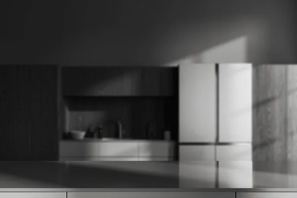 어두운 나무로 냉장고 수채에서 건축하는을 로프트 부엌에서 테이블 렌더링 — 스톡 사진