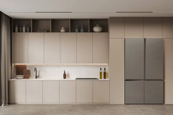 Stylish Home Kitchen Interior Hidden Design Shelves Kitchenware Beige Cozy — Stock Photo, Image