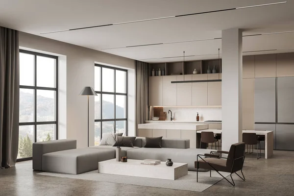 콘크리트 편안한 소파와 의자와 배경에 냉장고와 아늑한 부엌과 현대적인 거실의 — 스톡 사진