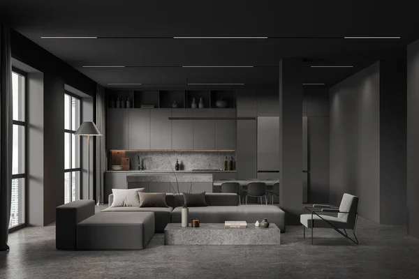 Interior Rumah Yang Gelap Modern Dengan Sofa Dan Pulau Bar — Stok Foto