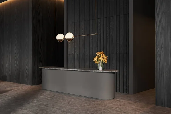 スタイリッシュなオフィスホールの内装は 灰色と暗い木製の壁 石の床とそれの上に立っている花が付いているきれいな灰色の受信カウンター 3Dレンダリング — ストック写真